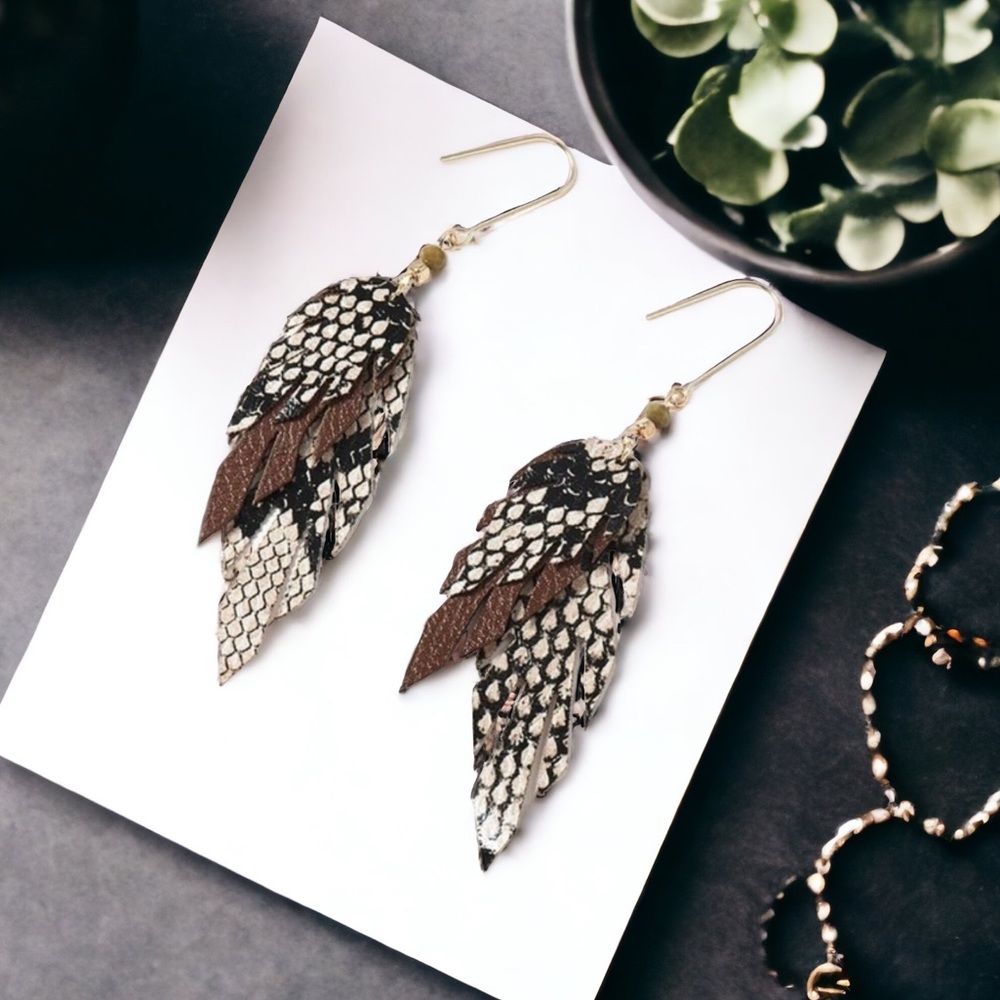 Leather Feather Dangle Earrings